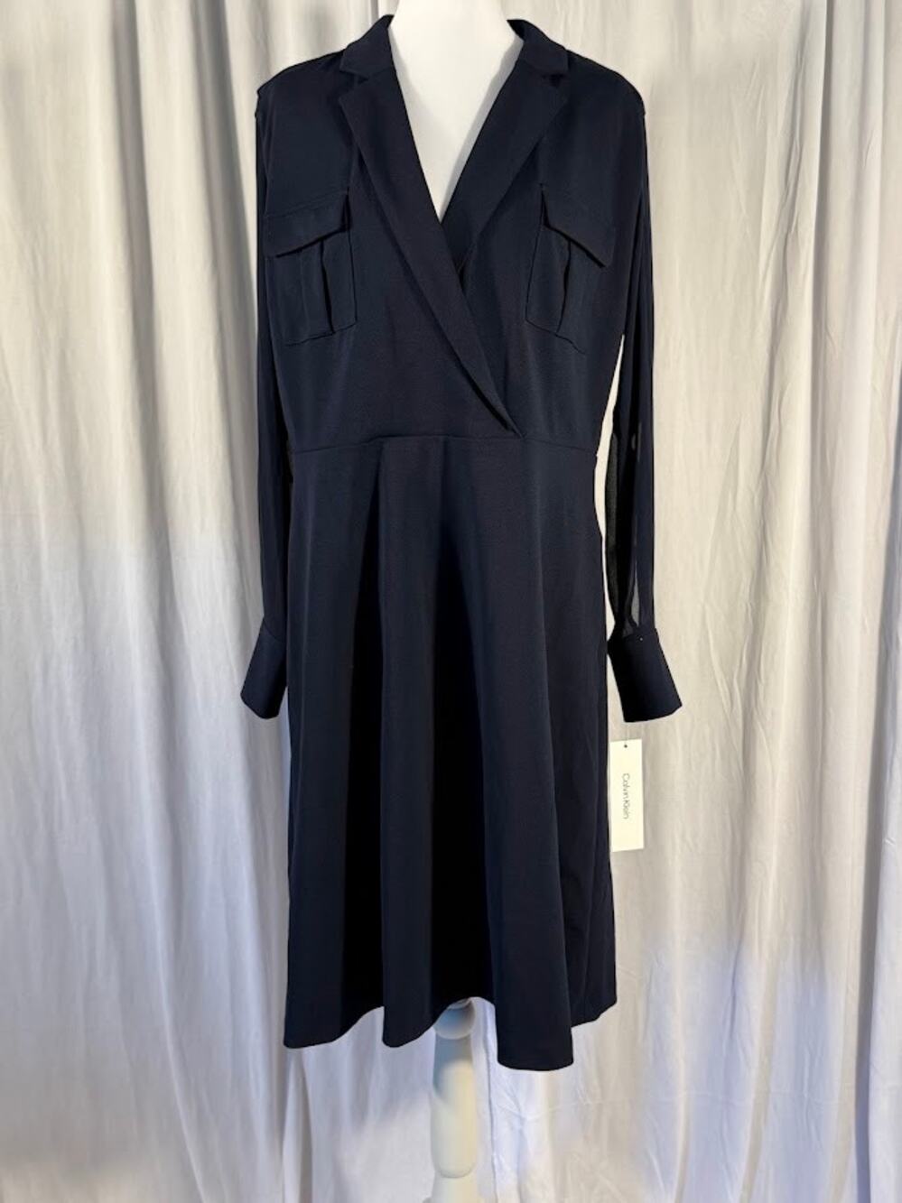 Calvin Klein Womens Chiffon-Sleeve Faux-Wr Indigo 14